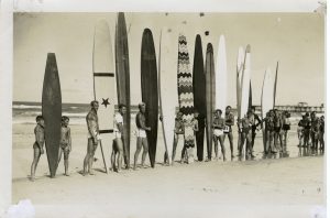 This photograph was taken in Daytona Beach at Florida’s first surfing championship in 1938. Photo courtesy of Patty Light/ Gaulden Reed Archive