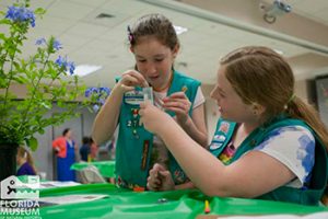 Members of various girl scout troops attend a workshop to earn a special badge.