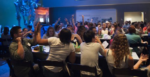 Attendees enjoy an evening event at the Florida Museum. ©Florida Museum photo by Kristen Grace