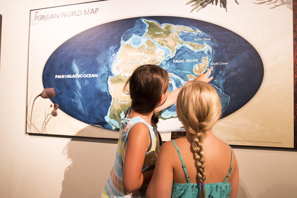 Maps and touch-screen game stations allow visitors to learn more about life during the Permian Period in the “Permian Monsters: Life Before the Dinosaurs” exhibit, on display at the Florida Museum in Gainesville Sept. 29, 2018-May 5, 2019. ©Photo courtesy of Denis Smith
