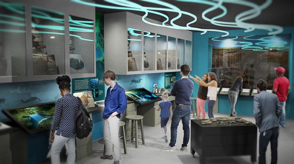 render of people in water lab looking at cabinets