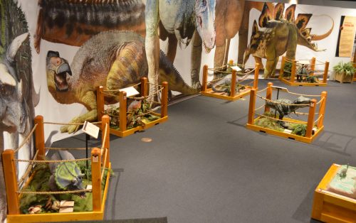baby dinosaur statues in enclosures