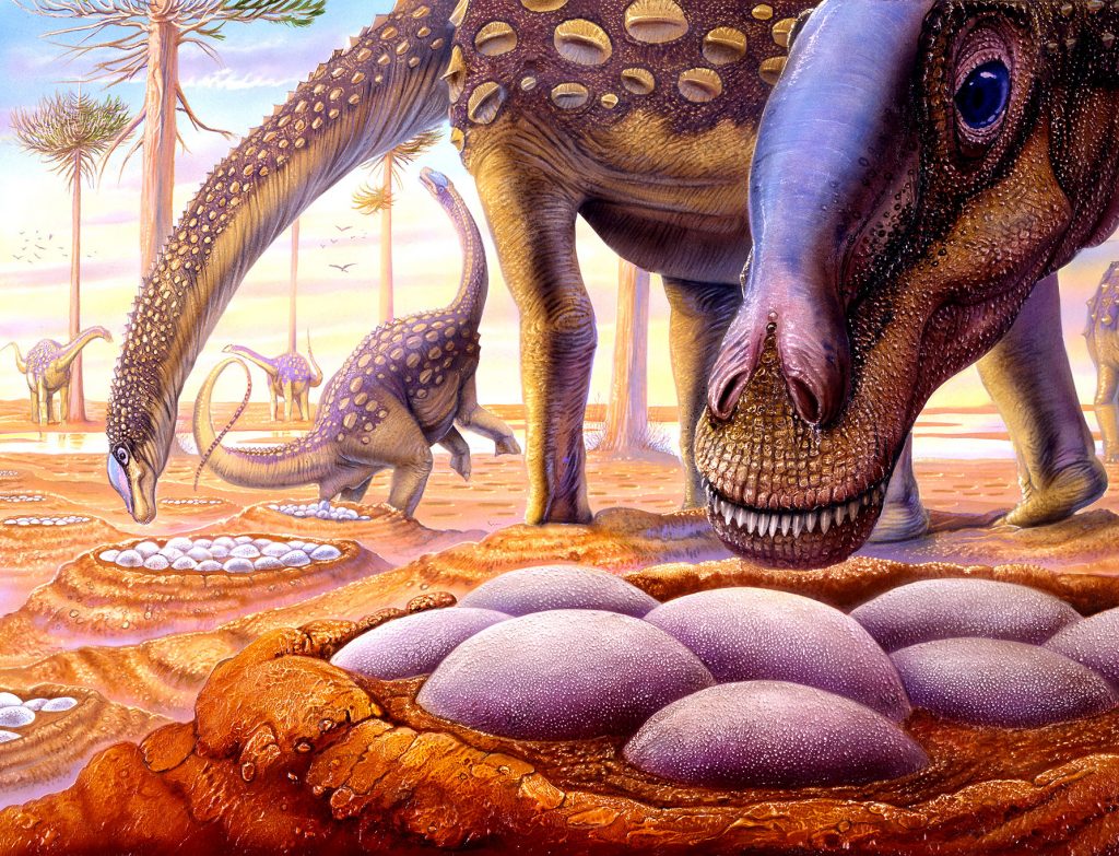 artwork of dinosaur and nest of eggs