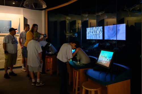 people looking into microscopes with tv screens in the background