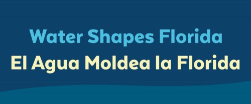 water shapes florida in english and spanish on blue background
