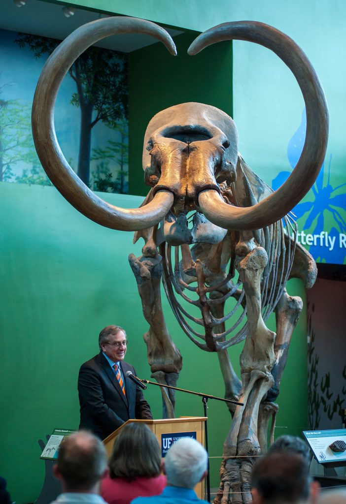 President Fuchs in blue suit and orange and blue tie stands behind a podium and microphone and speaks to an audience. Behind him is the Florida Museums mammoth