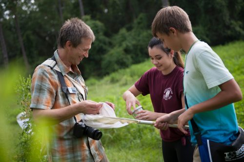 a researcher and two students examine a butterfly net in a grassy outdoor setting