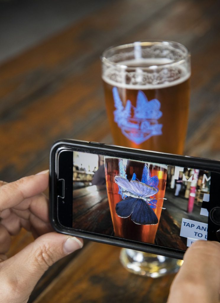 person using a smartphone app to show a virtual butterfly on a beer glass