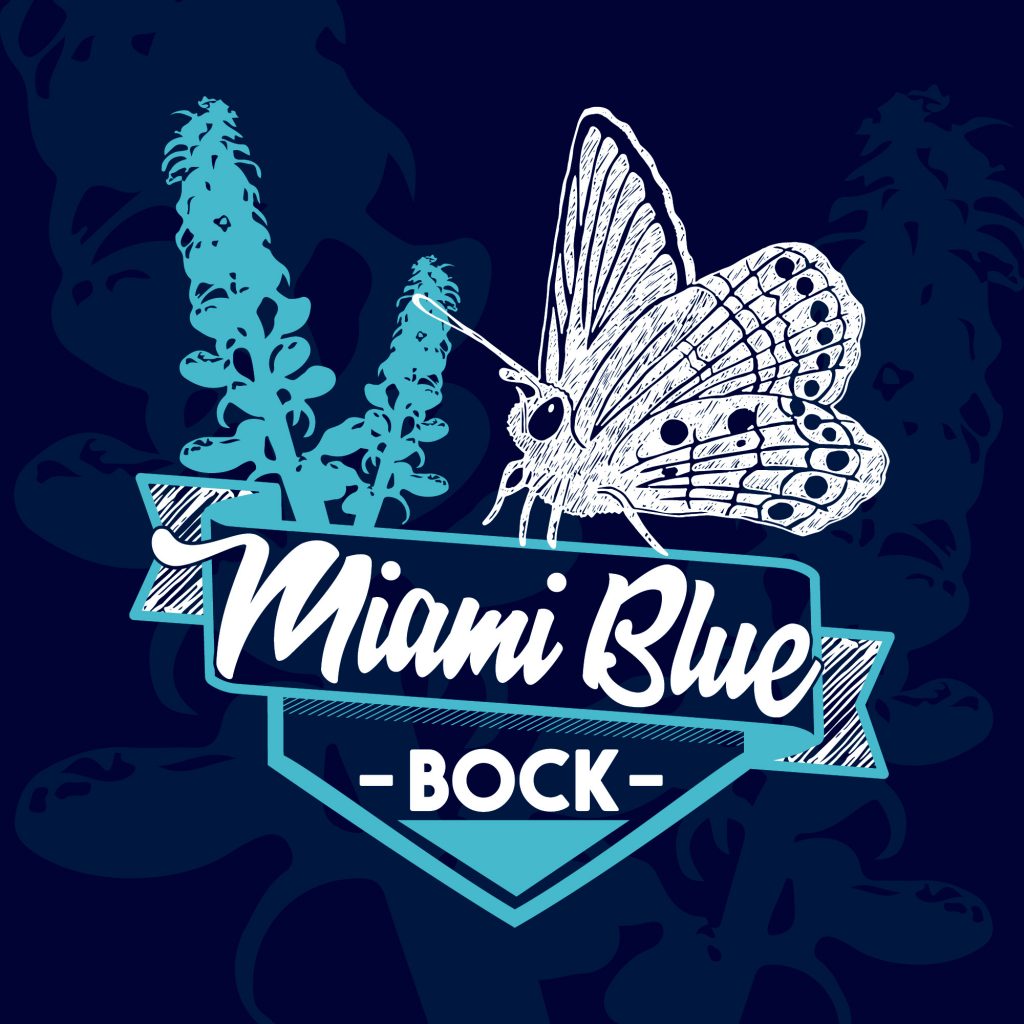 Miami Blue Bock logo - white line drawing of the Miami Blue butterfly set against a blue background.