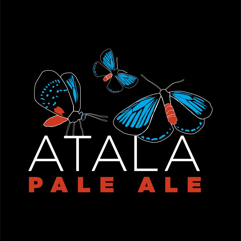Atala Pale Ale logo - line drawing in white, blue, red, and black of the Atala butterfly set against a black background.