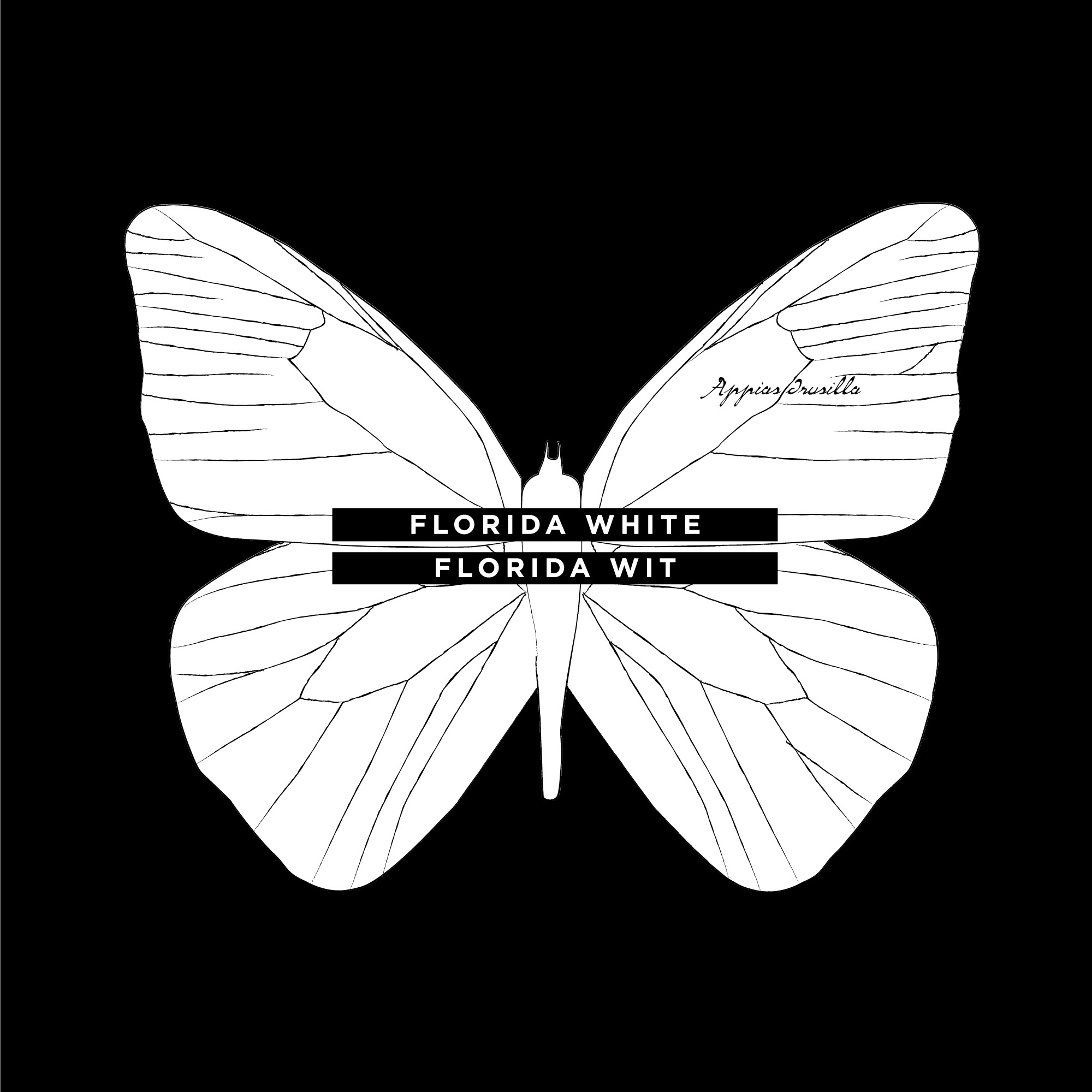 Florida White Florida Wit logo. A white line drawing of a butterfly set against a black background.