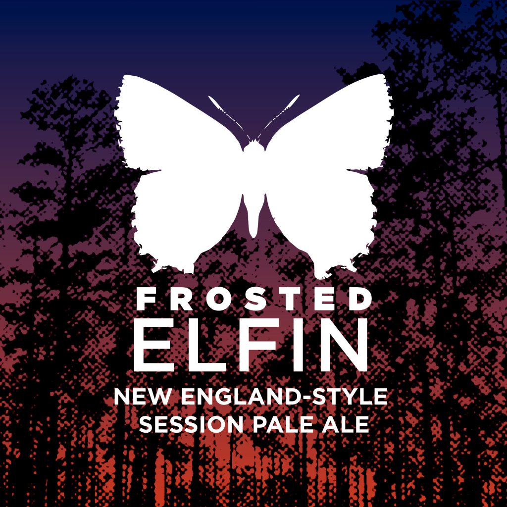 Frosted Elfin logo. A white silhouette of a Frosted Elfin butterfly set against the silhouette of pine forest, the habitat of the butterfly.