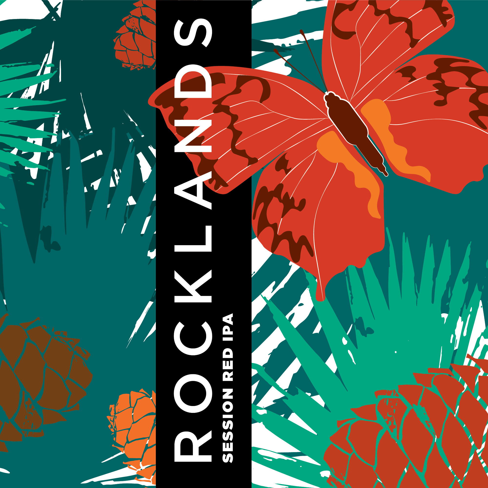Rocklands Session Red IPA logo. Drawing of a Rockland butterfly set against a background of pine cones and palmetto leaves