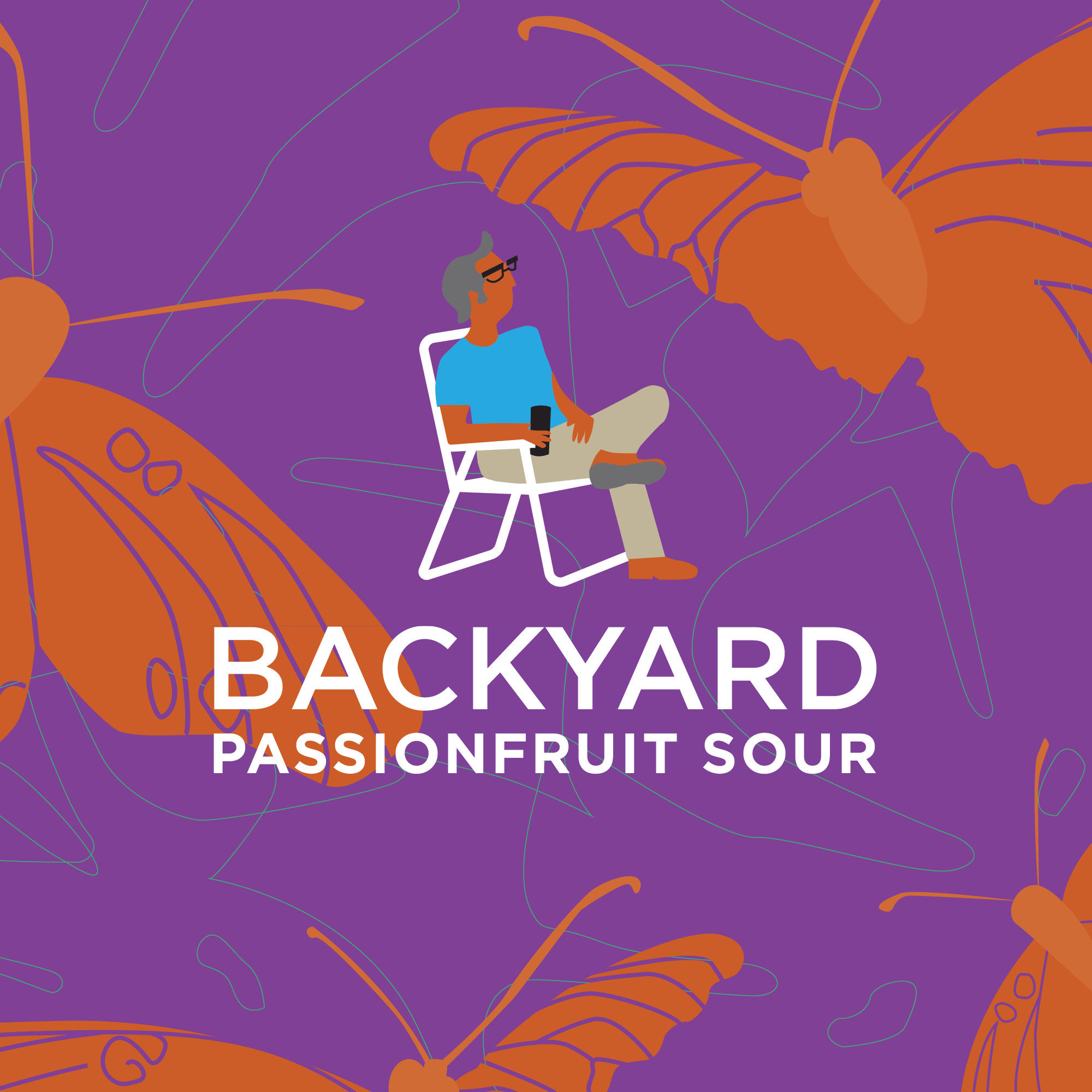Backyard Passionfruit Sour logo - person sitting in a lawn chair with a beer set against a background of line drawings of butterflies in orange and purple.