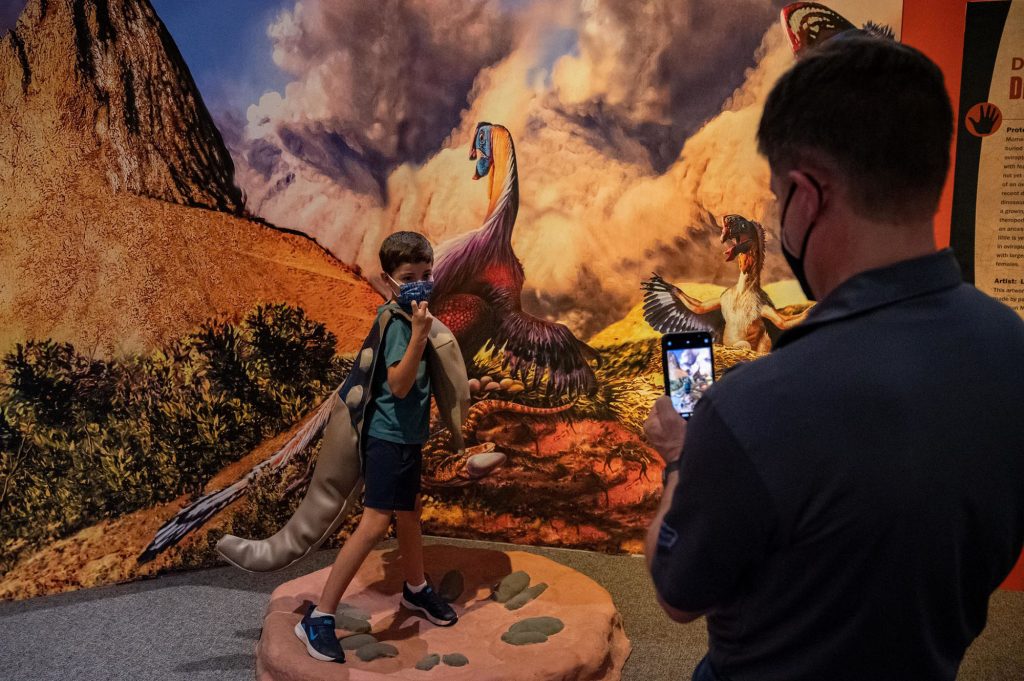 child poses next to a dinosaurs display while an adult takes their photograph.