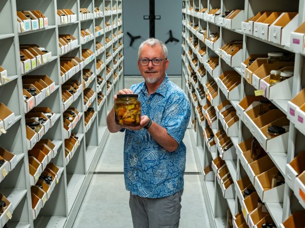 researcher standing between rows of shelves filled with specimens in glass jars, he is holding up a large glass jar filled with a specimen
