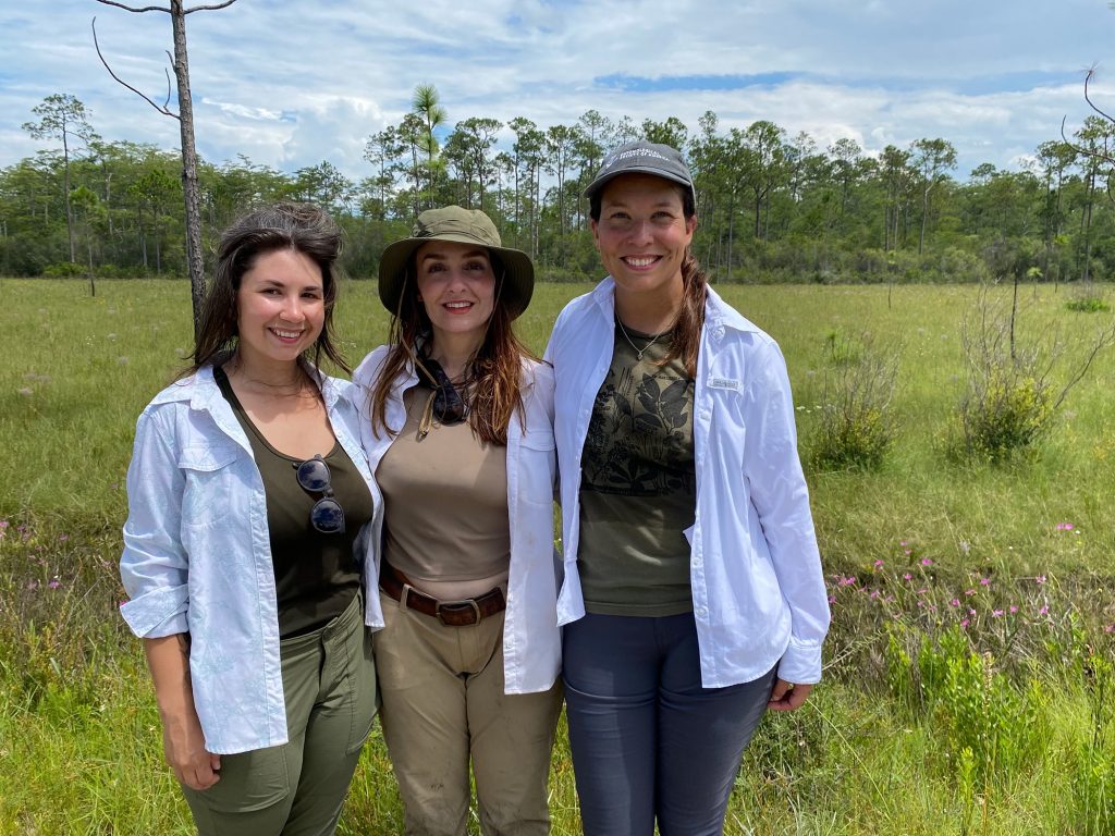 three women standing in an open field with tall grass around them and trees in the distance