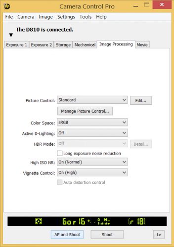 Camera Control Pro Tab Image Processing settings