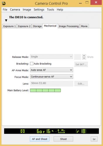 Camera Control Pro Tab Mechanical settings