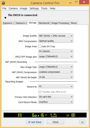 Camera Control Pro Tab Storage settings