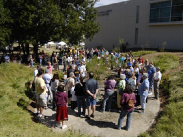 crowd of visitors in the garden