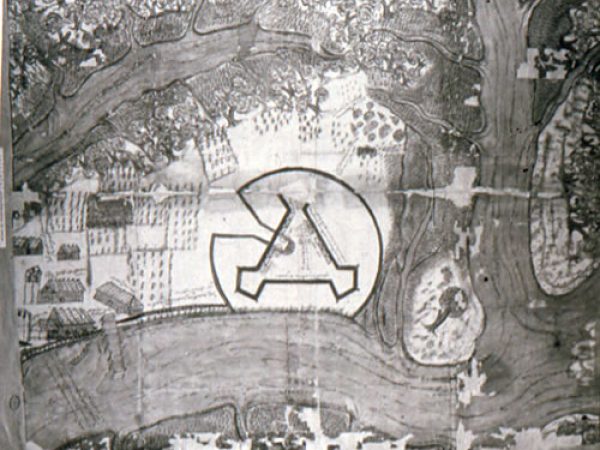 De Meestas map of St. Augustine, ca. 1593, showing the Indian pueblo of Nombre de Dios, the fort and the Spanish town