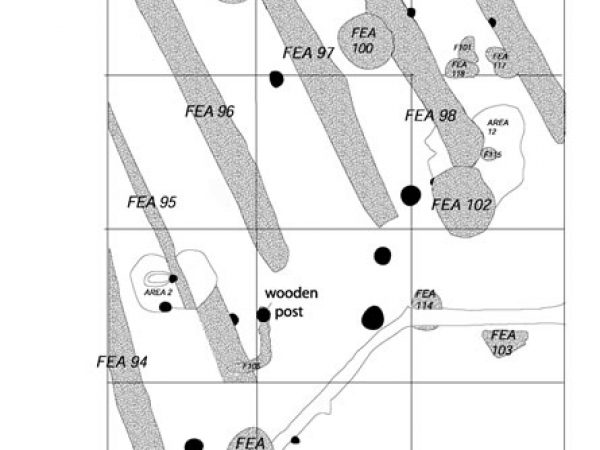 Timber mud sleeper stains and associated postmolds, Block 4, 8-SJ-31