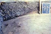Side view of part of the moat. Note the dark soil with shells, which dips down to the left towards the base of the moat.