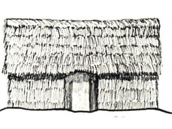 Artist’s reconstruction of a Spanish thatch structure on mud sleeper sill beams. Drawing by Albert Manucy.