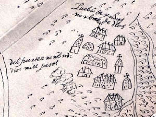 Detail of the ca. 1593 Mestas map of St. Augustine, showing buildings at the Nombre de Dios mission pueblo