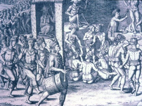 A Brazillian Indian areito depicted in a 16th century engraving by Theodore de Bry. This may have been similar to Taíno areitos. Theodore de Bry. Grand Voyages, America Part 3. (Frankfurt, published 1605)