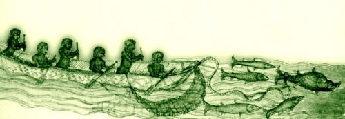 Taínos travelling in a canoe. From Gonzalo Fernández de Oviedo y Valdés, La historica general de las Indias, Seville, Cromberger, 1535