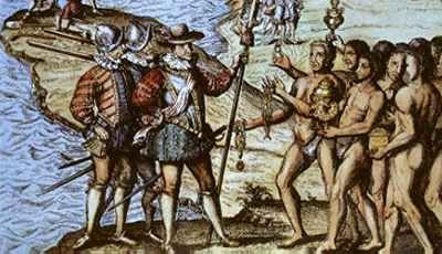 16th century depiction of Christopher Columbus landing in America. Theodore de Bry, Reisen in Occidentalischen Indien (Frankfurt, ca. 1590-1630). Copper plate engraving. Courtesy of the University of Florida Smathers Library Special collections