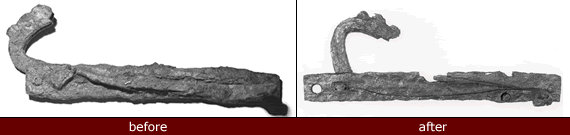 A sixteenth century matchlock musket lock from Augustine, before and after conservation.