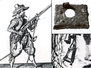 Powder box lid and drawing of matchlock musketeer