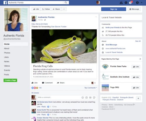 Authentic Florida on Facebook shared the frog calls page link on June 16th. Facebook, frog calls share