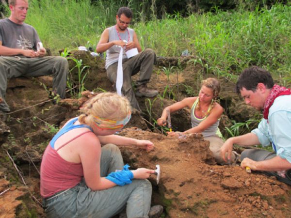 PCP-PIRE postdoc Nathan Jud (lower right) and the Fall 2014 field interns (clockwise from upper left: Adam Freierman, Daniel Mercado, Lillian Pearson, and Hannah O'Neill) excavate a fossil turtle near Lago Alajuela.