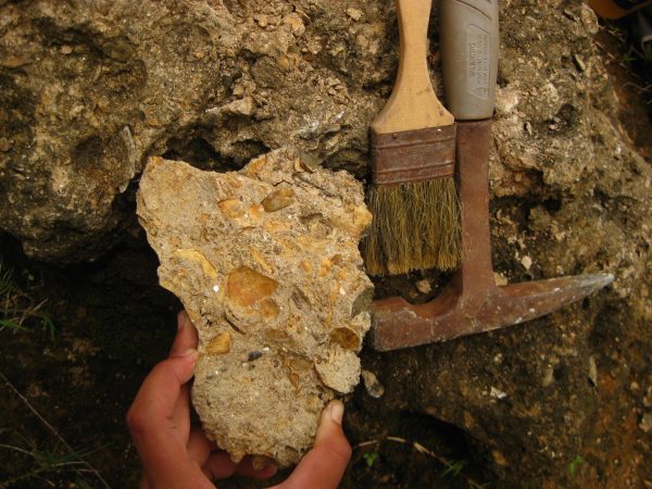 Cutting into the bedrock to discover more complete preservation inside. A photograph of a freshly cut surface, with tools for scale.