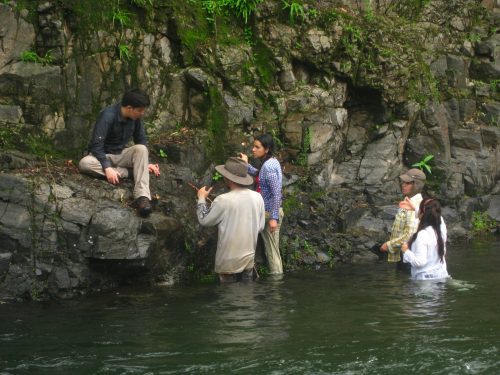 A group of students from the University of the Andes discuss the orientation and lithology of an outcrop of basalt in Rio Verdadero. Plant growth in the rock’s cracks (fractures and faults) highlights patterns in the orientations of such features. Noting the primary direction and orientation of fractures can give information about regional stresses and tectonic changes.