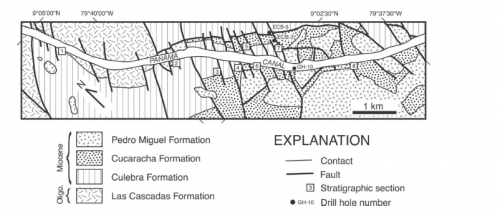 Bedrock geologic map of the formations that oucrop along the Gailard Cut. Source: Kirby et al. 2008. Lower Miocene Stratigraphy along the Panama Canal and its Bearings on the Central American Peninsula. 