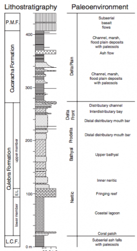 Sample stratigraphic cross section of rock units of the Gaillard Cut of the Panama Canal. Oldest rocks are on the bottom, with younger sequences forming on top. The environment of deposition is inferred from observations about the rocks (grain size, shape, etc.) and fossil fauna; interpretations are made in the column to the right. LCF = Las Cascadas Formation, P.MF. = Pedro Miguel Formation. Source: Kirby et al. 2008.