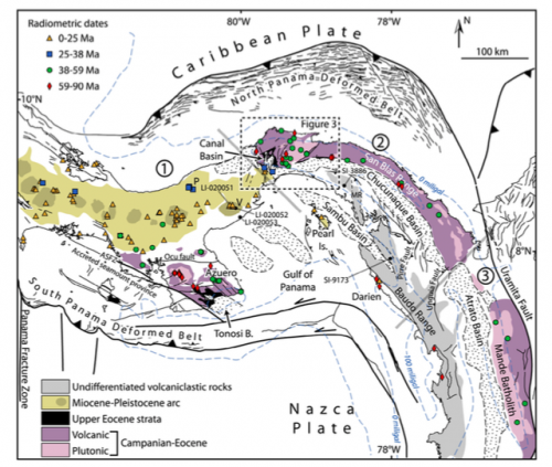 Geologic interpretive map of Panama. Volcanic arcs (islands built from volcanic material, similar to Japan today) are colored in yellow and purple (distinguished by age). Sedimentary basins, including the basins in which sedimentary rocks of the Panama Canal formations formed, are hashed and dotted areas. It is believed that the sedimentary rocks accumulated in basins besides and between the volcanic arcs. The Panama Canal Basin is believed to be attached as a peninsula extending from North America. Source: Montes et al. 2012.