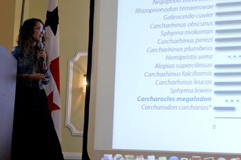 Former PCP PIRE Ph.D. student Catalina Pimiento presents on the giant shark Carcharocles megalodon at the 2013 All Hands Meeting. Photo courtesy of Charles O’Connor.