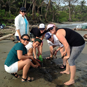 Summer 2015 field intern Gina Roberti and teachers Sandy Hankins, Mayra Cordero, Sallie Corbin, Erin Petersen and Elizabeth Burt collect fossils at the Piña locality on the Caribbean side of Panama. Photo courtesy of Claudia Grant.