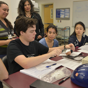 Dawn Mitchell (a la izquierda, al fondo) y una maestra del Colegio de West Shore observan los estudiantes midiendo las réplicas de 3D de los dientes equinos. Foto proveída por UF CPET.