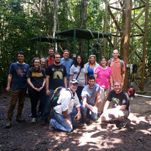 A group photo of the Florida group and the field interns at the canopy crane, from front to back, left to right: Roger Portell, Jeremy Dunham, Jorge Moreno-Bernal, Nathan Jud, Carolyn Thornton, Aly Tucker, Alex Kittle, Chris Nelson, Jon Hendricks, Dipa Desai, Paris Morgan, Cristina Robins, Adiël Klompmaker. Photo courtesy of Edwin Andrades.