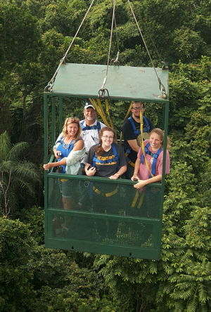 From front to back, left to right: Paris Morgan, Carolyn Thornton, Aly Tucker, Roger Portell, and Chris Nelson riding in the canopy crane gondola above a Panamanian forest. Photo courtesy of Edwin Andrades.