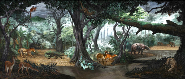 A mural depicting a forest scene with fossil mammals that constitute the Centenario Fauna. Artwork © Danielle Byerley.