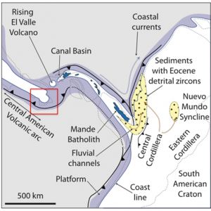 Paleogeographic reconstruction of the Central American Seaway during the middle Miocene. The Azuero area is show in by the red box (modified from Montes et al., 2015).