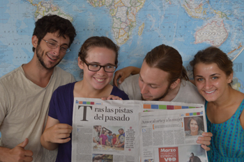 Spring 2015 interns Jeremy Dunham, Sophie Westacott, Adam Bouché, and Sonia Sanchez (left to right) share the front-page story on their fieldwork in the Panamanian newspaper La Prensa. Photo courtesy of Jorge Moreno Bernal.